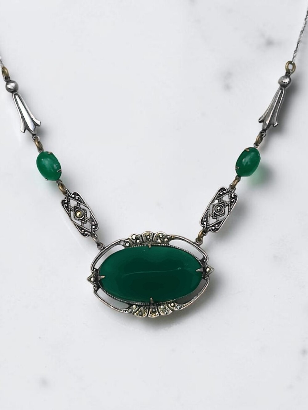 Antique Sterling Silver Green Chrysophrase Necklace